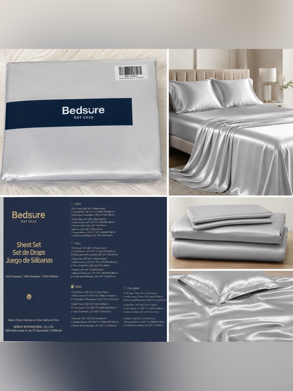Bedsure White Satin Sheet Set - Smooth White Bedding